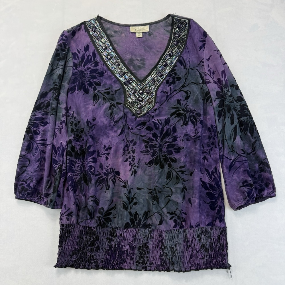 Dressbarn Women's Medium Purple Floral Beaded Embellished V Neck Blouse